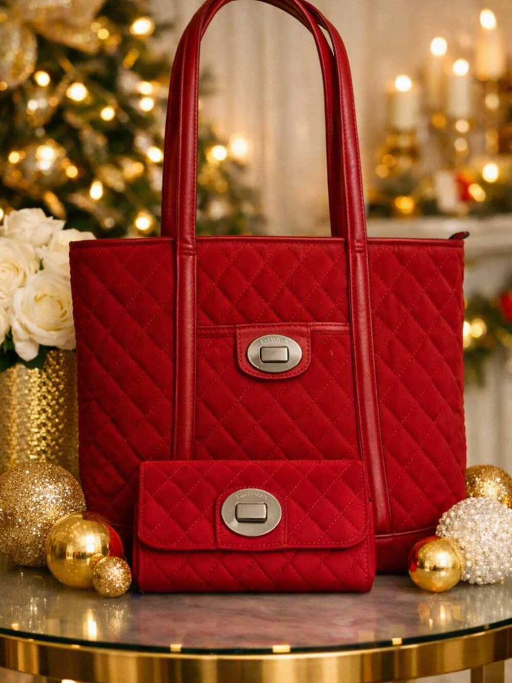 Vera Bradley Retired Tango Red Quilted Large Tote lot with matching Wallet